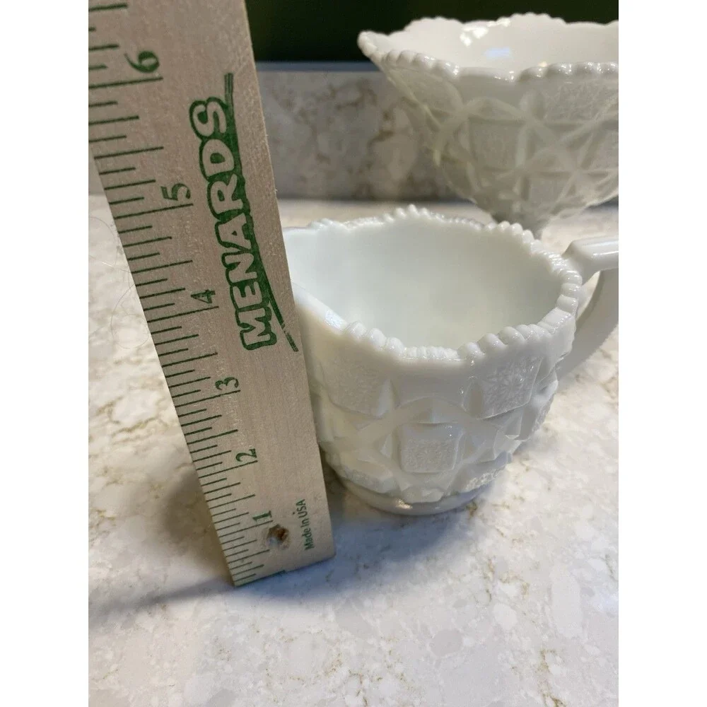 White Milk Glass Starburst Creamer & Pedestal Sugar Bowl Set 2‑Piece Vintage